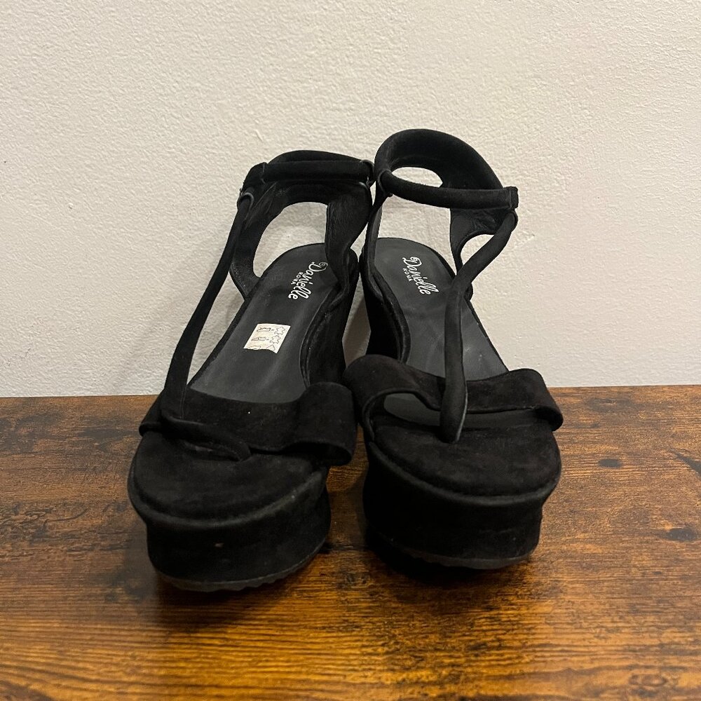 Danielle Roma Black Suede Strappy Ankle Wrap Wedge Sandals